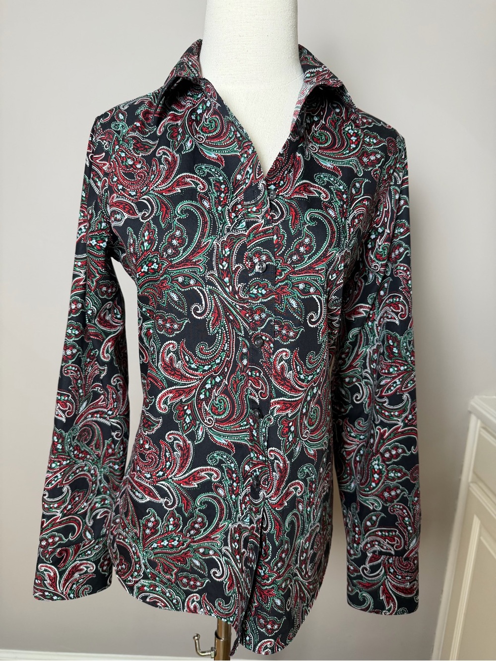 Lands' End Black Paisley Button-Down Shirt with Red and Teal Accents